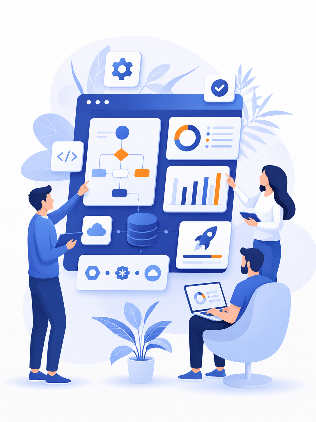 Equipo técnico trabajando en desarrollo de software empresarial